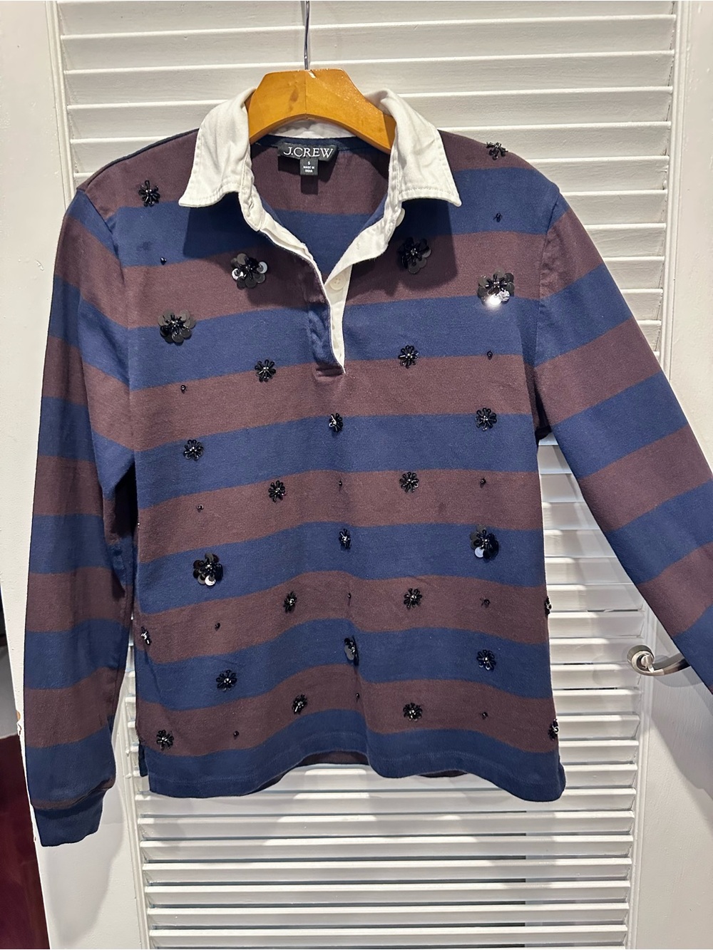 J.Crew Women’s Navy & Burgundy Striped Rugby Shirt with Embellishments